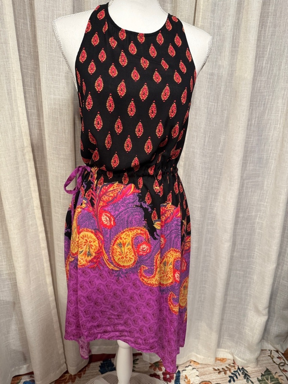 Black & Purple Paisley Halter Mini Dress with Waist Tie